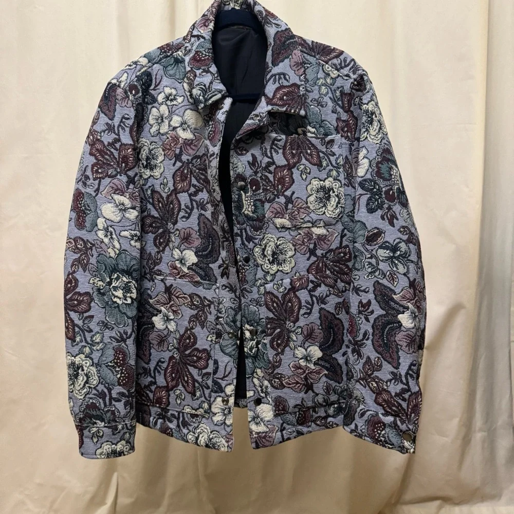Zara Men's Floral Jacket - Blue and Cream - Picture 1 of 13